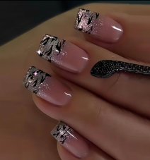 Sada umelých nechtov Press-On Nails – Štvorcové s trblietavým ombré a čiernym vzorom 24ks