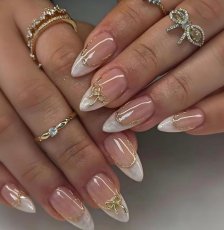 Sada umělých nehtů Press-On Nails – Mandlové s bílou francouzskou manikúrou, zlatými liniemi a mašličkami 24ks